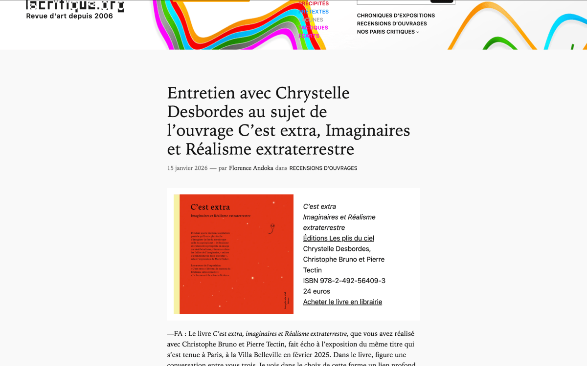 15 janvier 2026 – Article autour de la parution de notre dernier livre : &laquo;&nbsp;C&rsquo;est extra – Imaginaires et Réalisme extraterrestre&nbsp;&raquo;